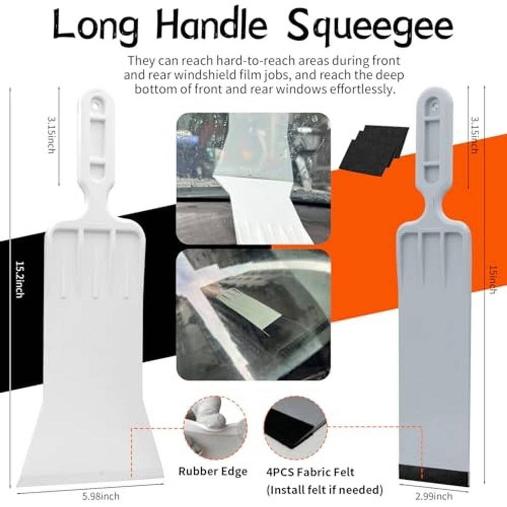 Long-handle rubber edge squeegee tool with felt pads for window tint application