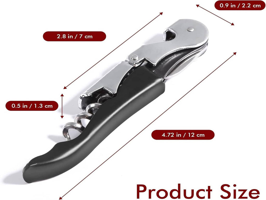 Compact waiter corkscrew with black handle and silver top, showing spiral worm