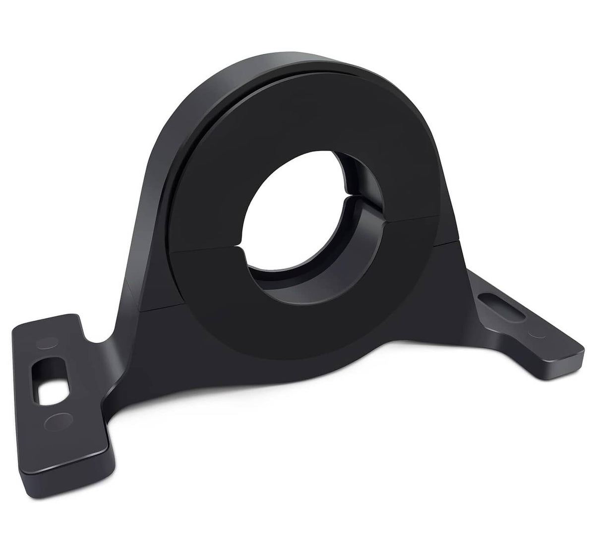 Black center bearing support bracket with circular rubber bushing and side mounting tabs