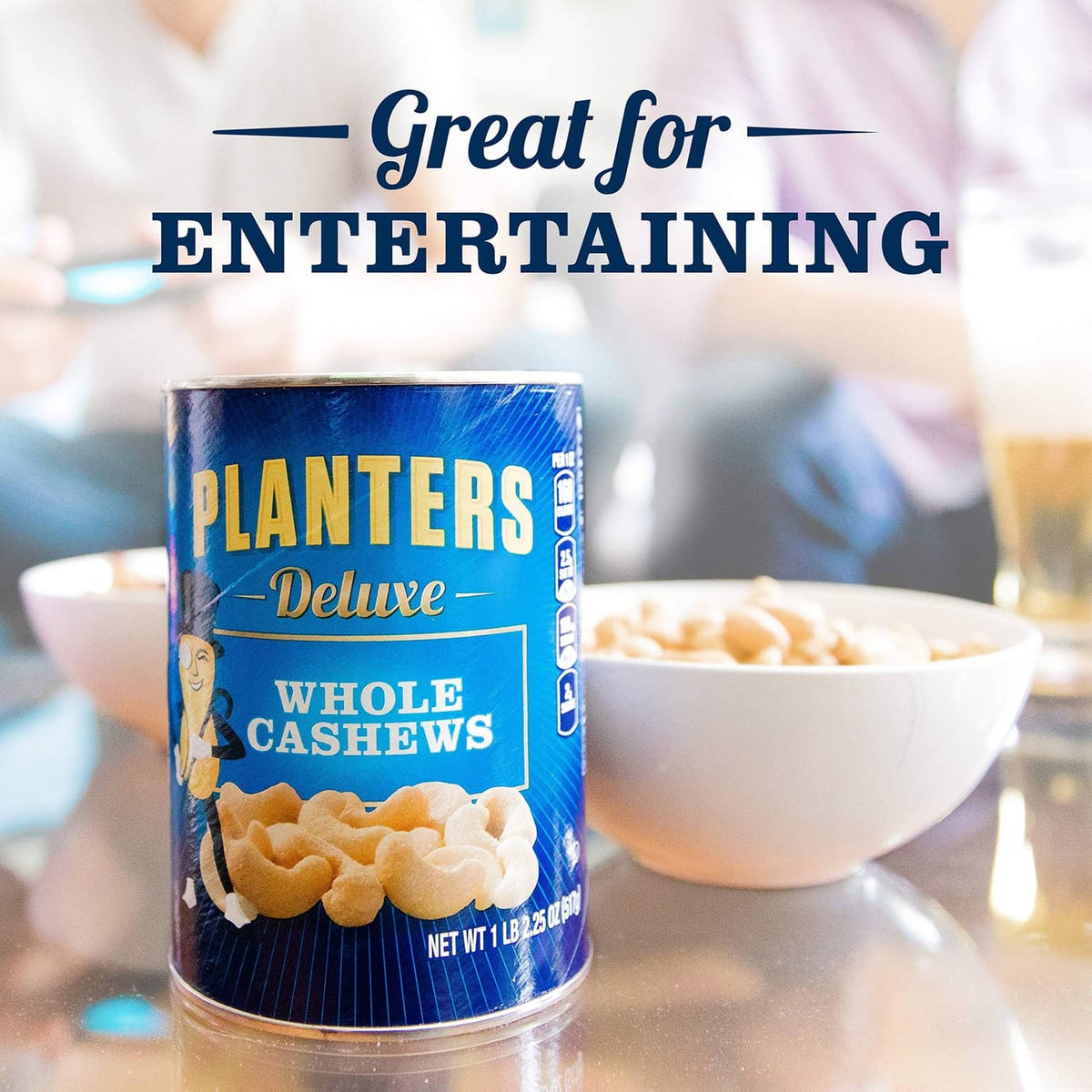 PLANTERS Deluxe whole cashews can, blue label with cashew graphic