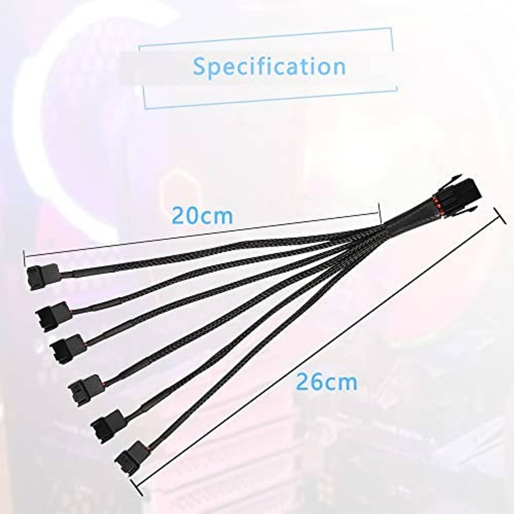 6-pin fan splitter cable length diagram with braided harness and plug ends