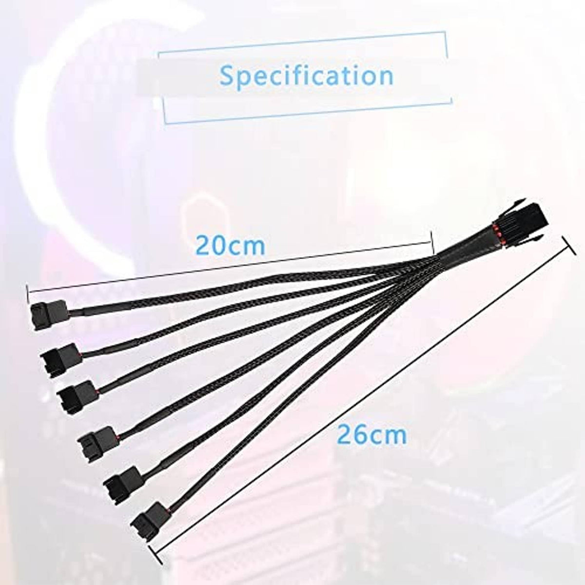 6-pin fan splitter cable length diagram with braided harness and plug ends