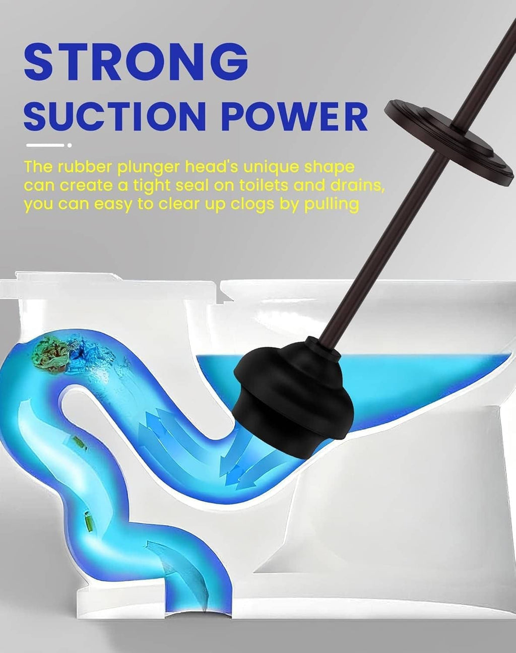 Toilet plunger with suction cup head and long bronze handle