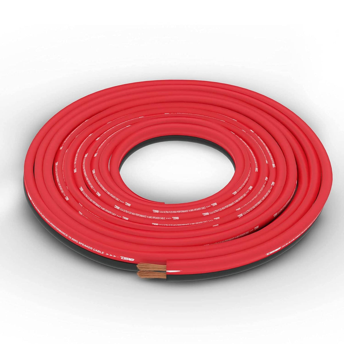 Coiled red speaker wire loop with exposed copper strands at one end