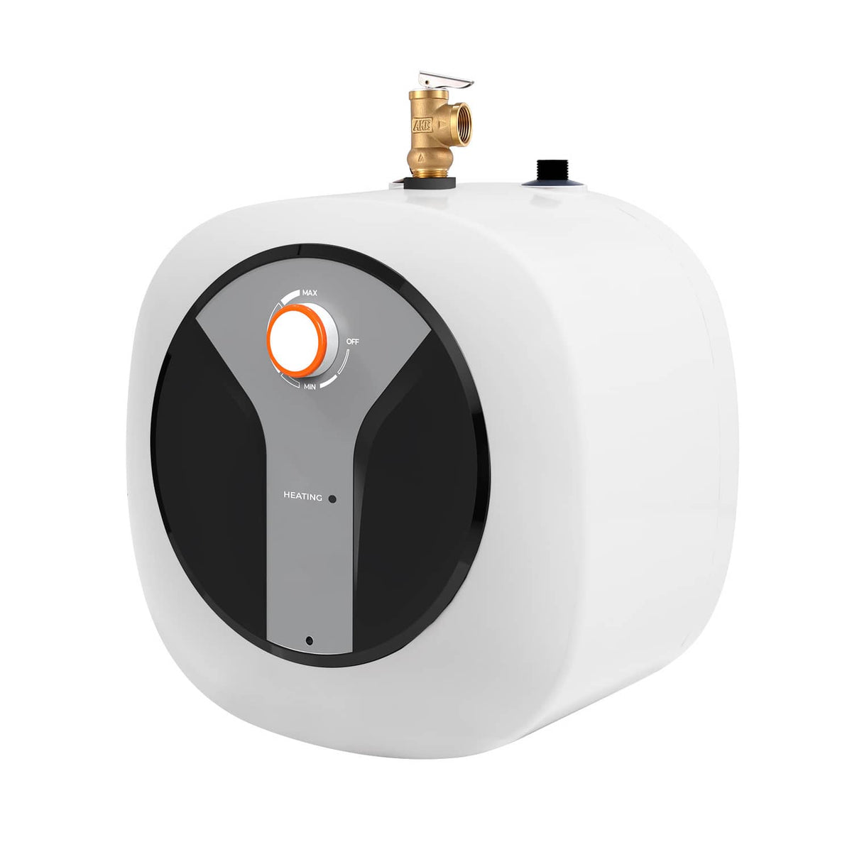 8-gallon electric mini-tank water heater, white with orange control knob and brass inlet