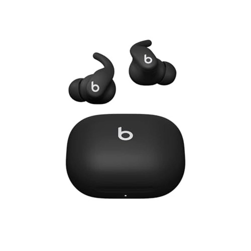 Dark wireless earbuds with wing tips and charging case, product render
