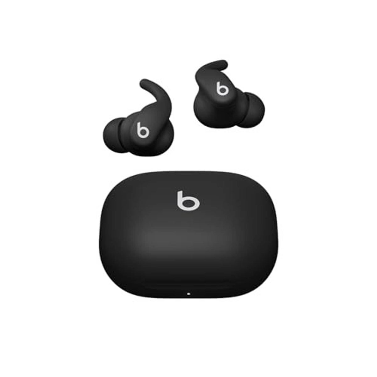 Dark wireless earbuds with wing tips and charging case, product render
