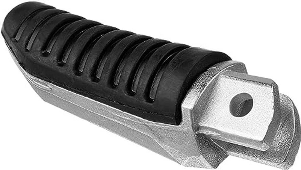 Single front foot peg with black ribbed rubber pad and silver metal mount plate.
