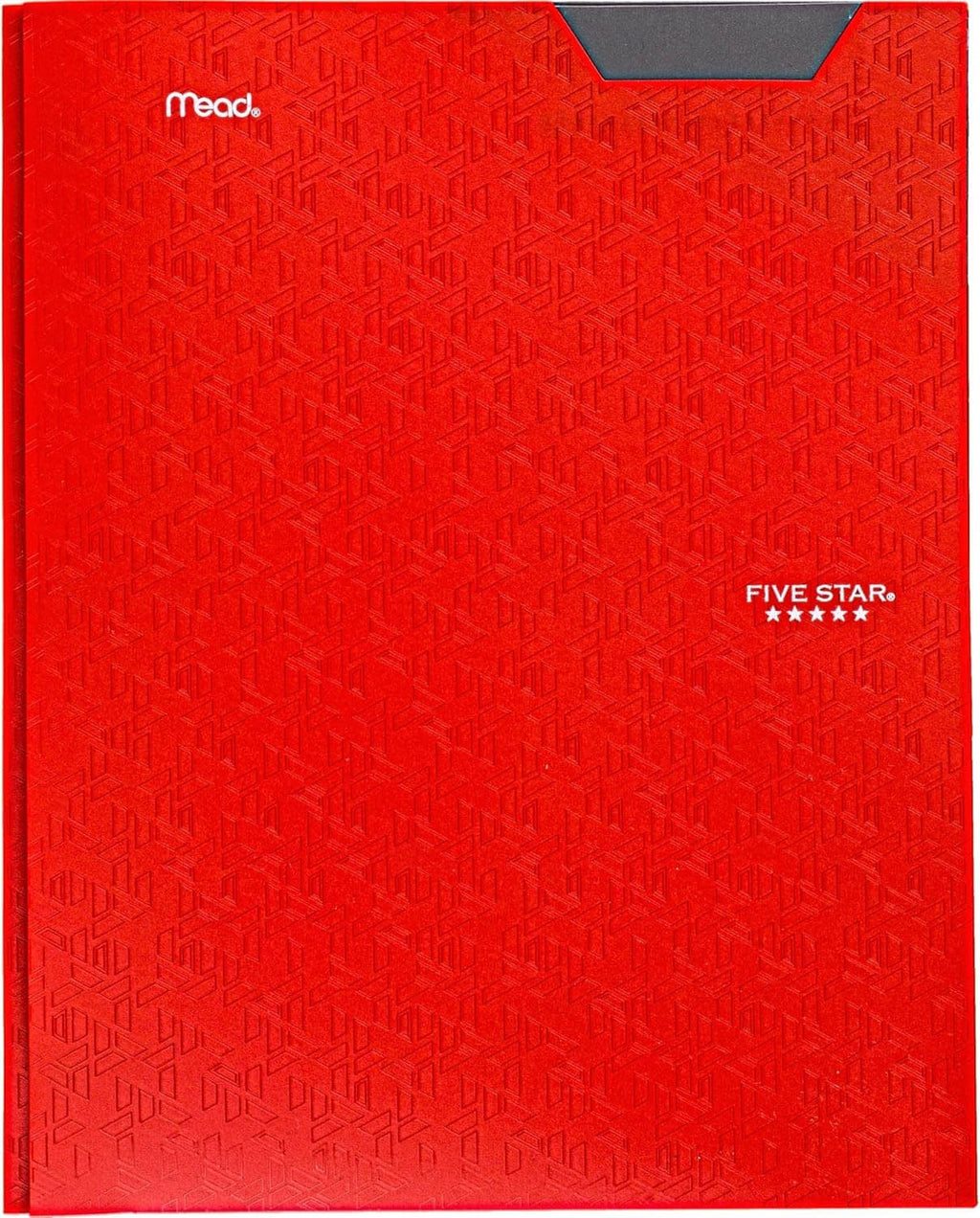Red plastic 2-pocket prong folder cover with embossed pattern and “FIVE STAR” mark