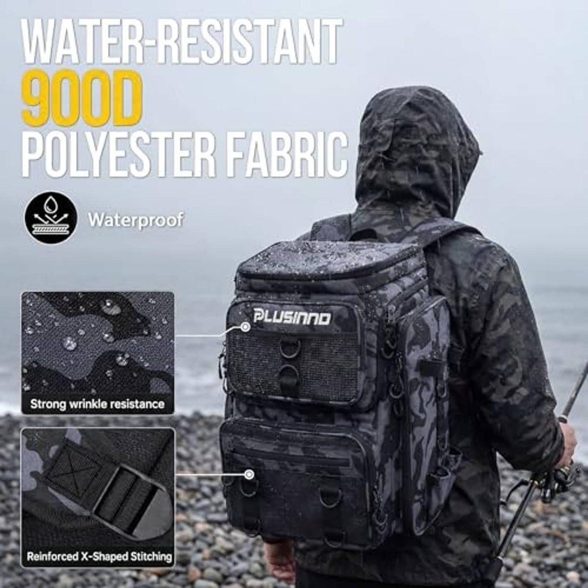 Fishing tackle backpack in black camouflage with hooded top and front tackle pouch panels