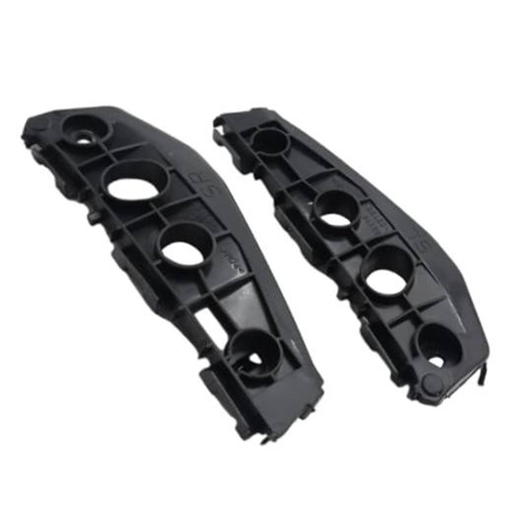 Pair of black plastic front bumper support brackets with round mounting openings
