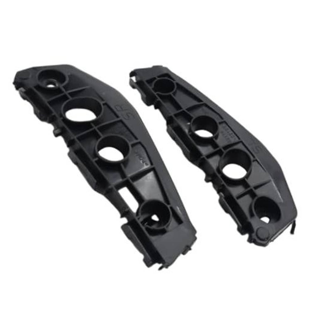 Pair of black plastic front bumper support brackets with round mounting openings