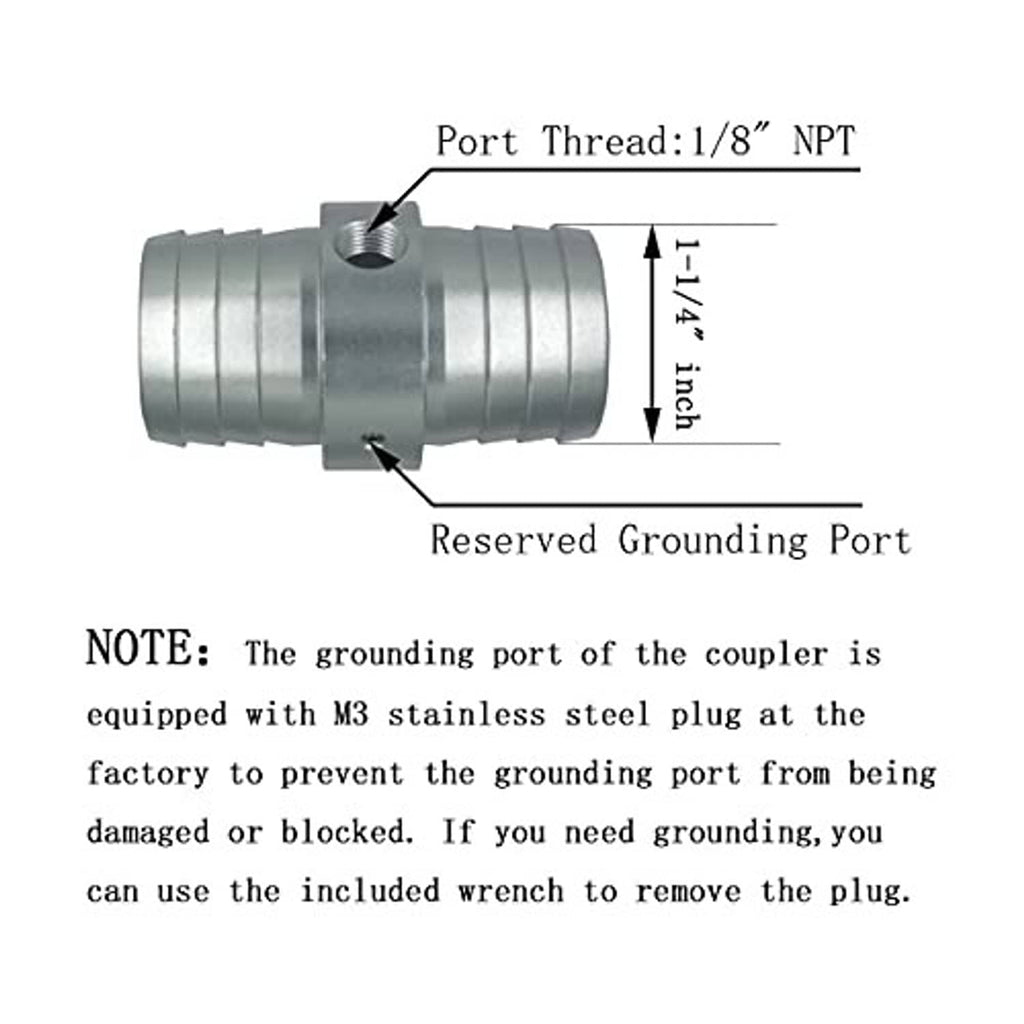 Metal pipe coupler with threaded port and reserved grounding port, 1-1/4 in length