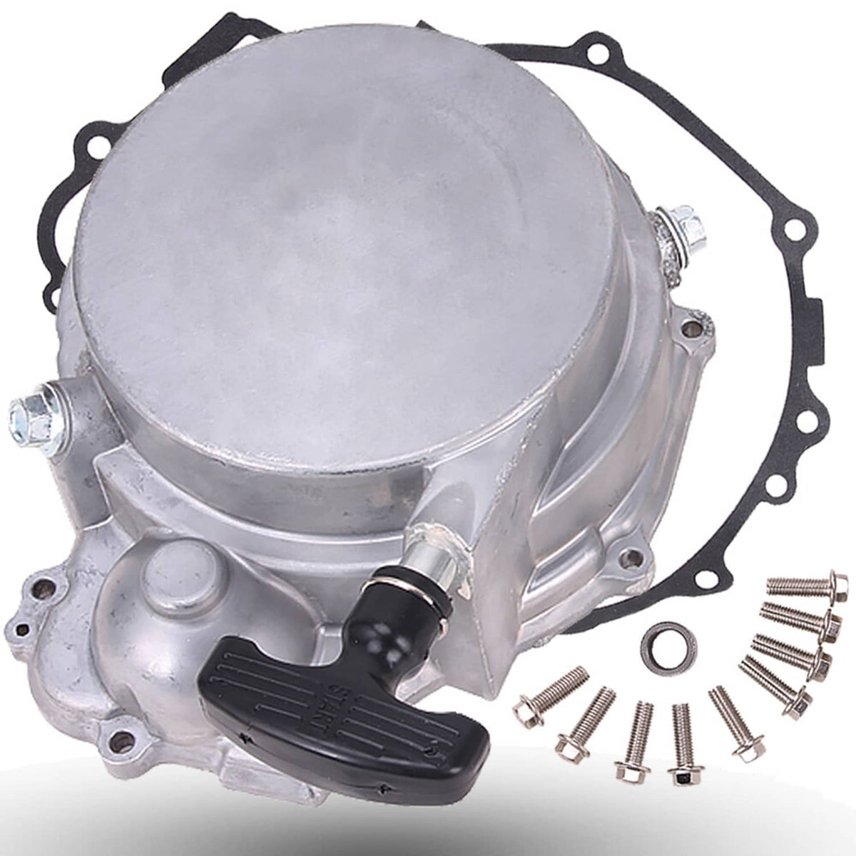 Recoil starter pull assembly with silver housing, black handle, gasket, and hardware bolts