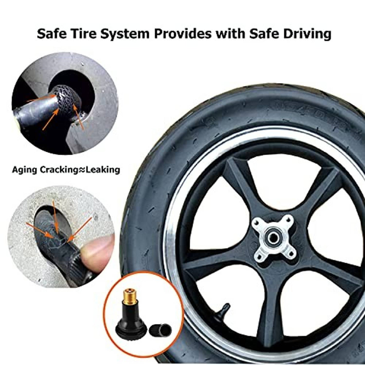 Tire wheel valve area with rubber valve stem cap for sealing and fitment