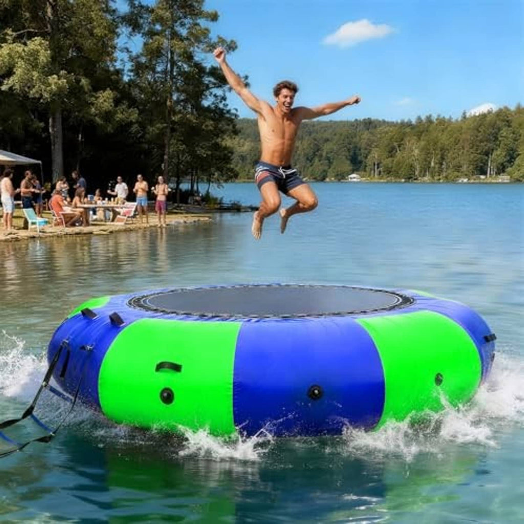 Blue and green inflatable water trampoline raft with black-rimmed jump mat