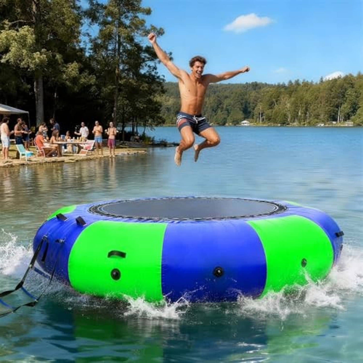 Blue and green inflatable water trampoline raft with black-rimmed jump mat