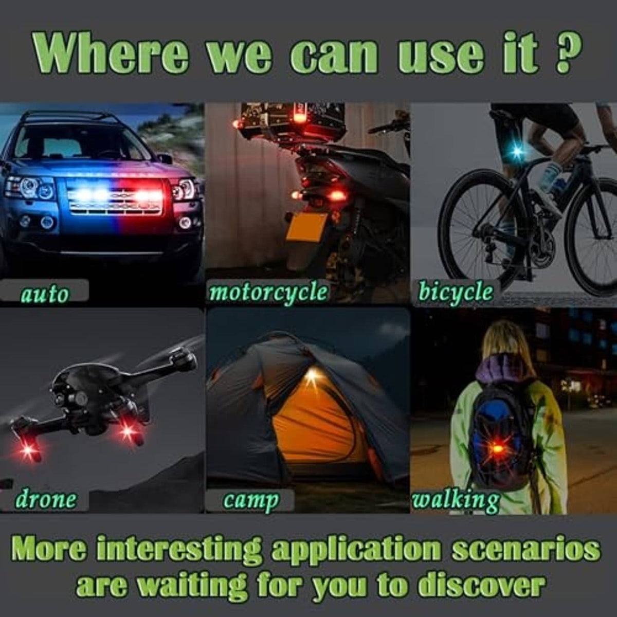RGB LED warning strobe lights illuminating on vehicle, bike, and outdoor use