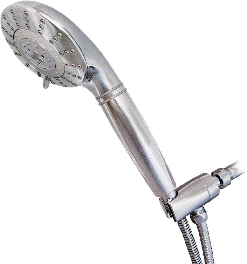 Chrome filtered shower head with smooth spray plate and flexible hose, side view