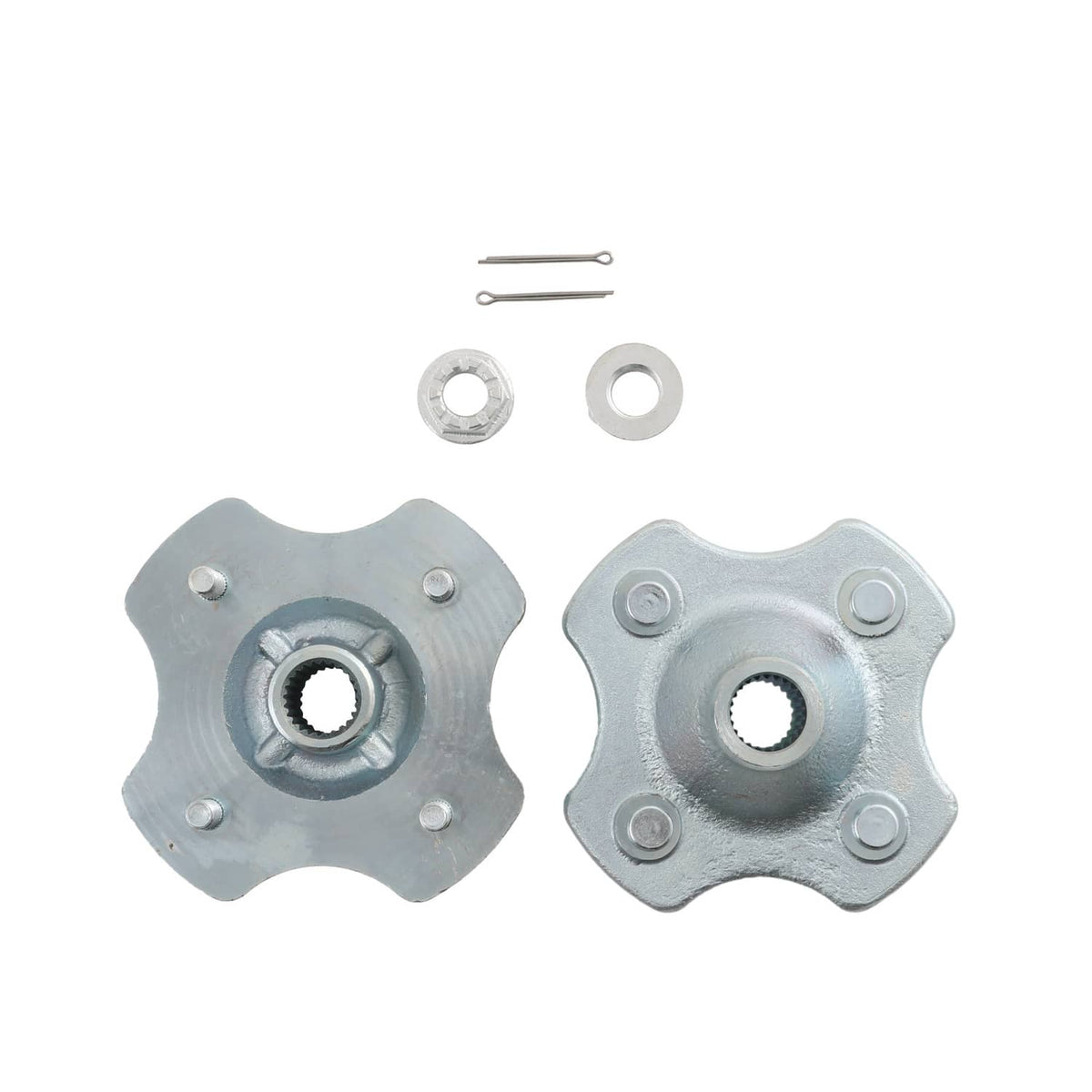 Wheel hub replacement parts kit with two hubs, washers, and cotter pin