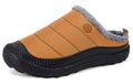 Orange slip-on house slippers with gray faux-fur lining and black textured sole