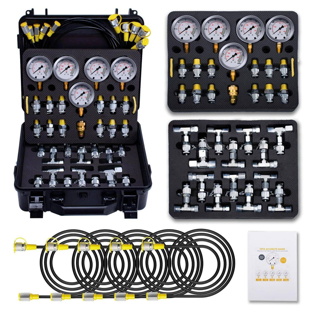 Hydraulic pressure test kit case with multiple pressure gauges, couplings, and hoses