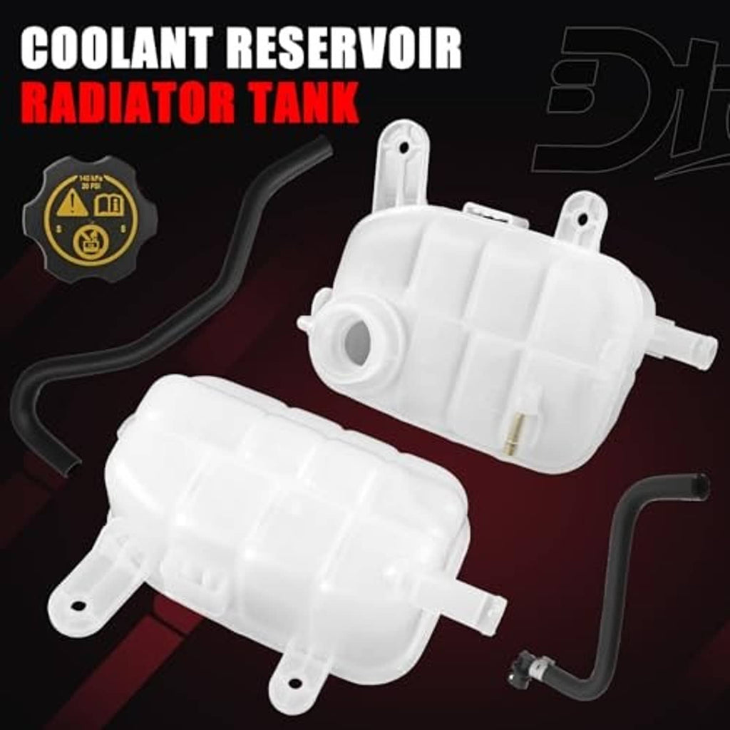 Two-piece coolant reservoir expansion tank with hoses and mounting tabs, white plastic