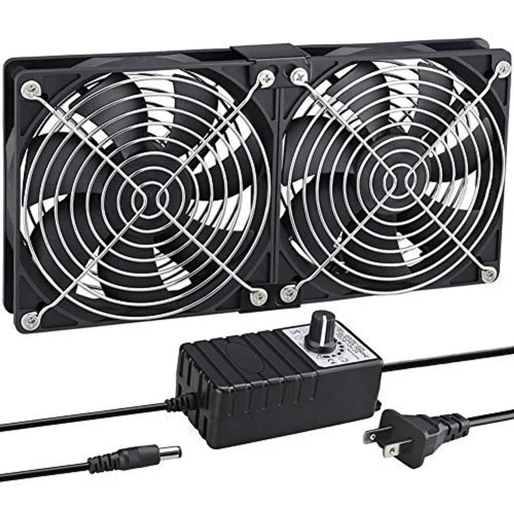 Dual 120mm DC cooling fans with front grille, plus power supply and plug connectors