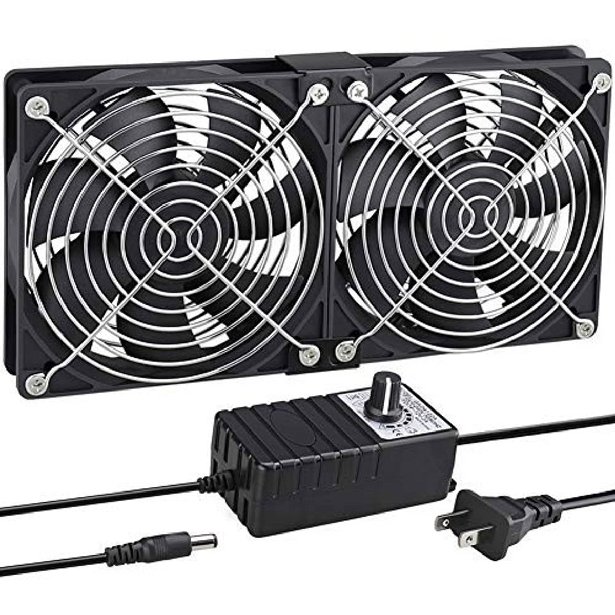 Dual 120mm DC cooling fans with front grille, plus power supply and plug connectors