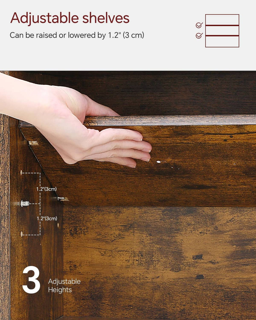 Brown adjustable shelf section with metal rail and pre-drilled height holes