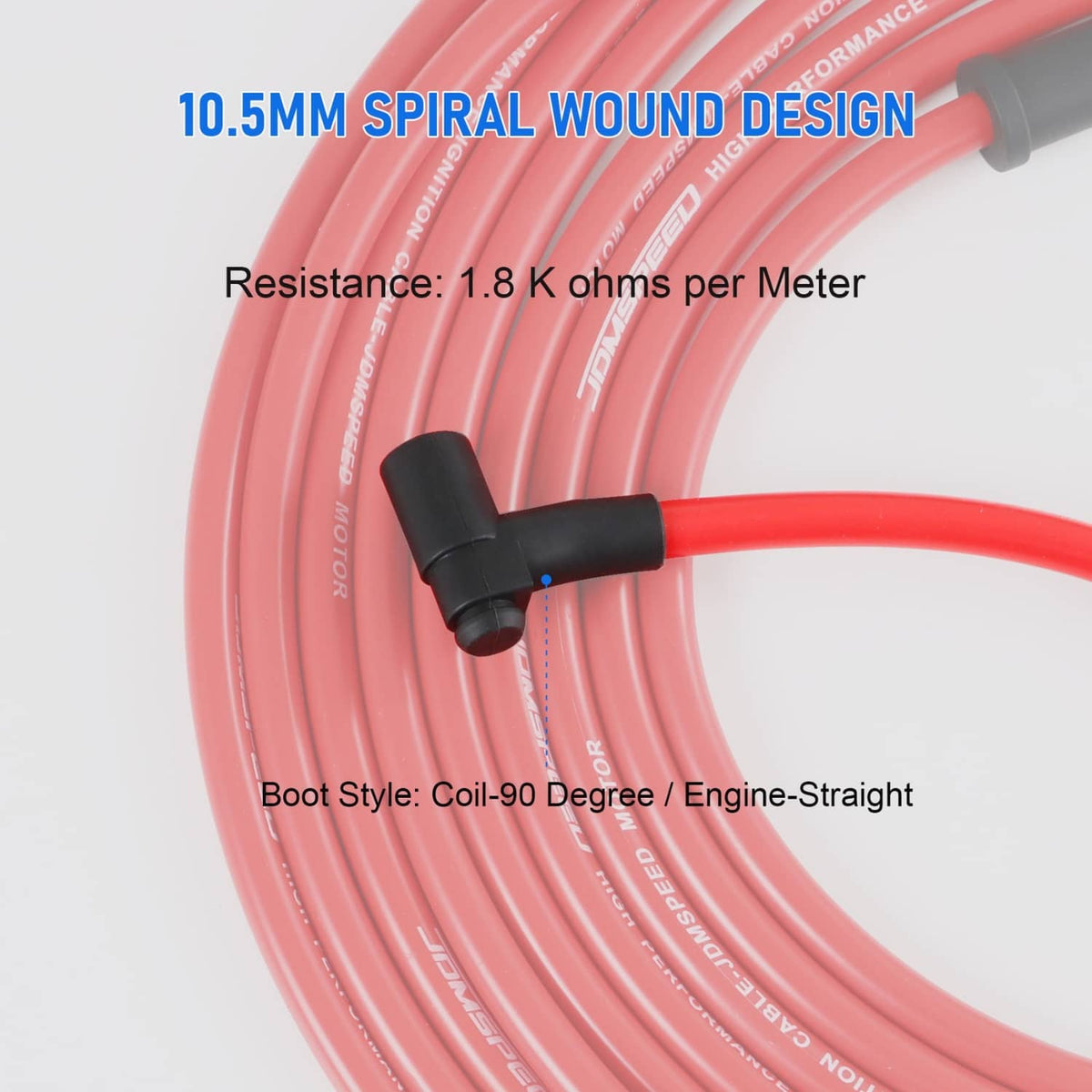 Red spiral-wound spark plug wires with black coil-90 boots and T-shaped connector