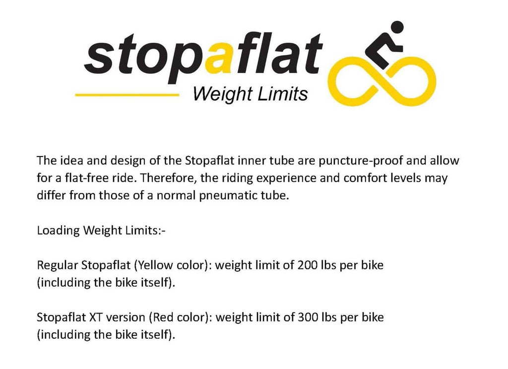 Stop-a-flat weight limits page for regular and XT inner tube versions.