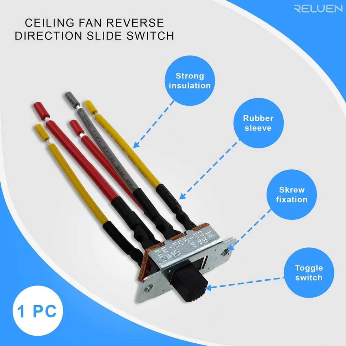 Ceiling fan reverse directional slide switch with 6-pin connector and colored wiring