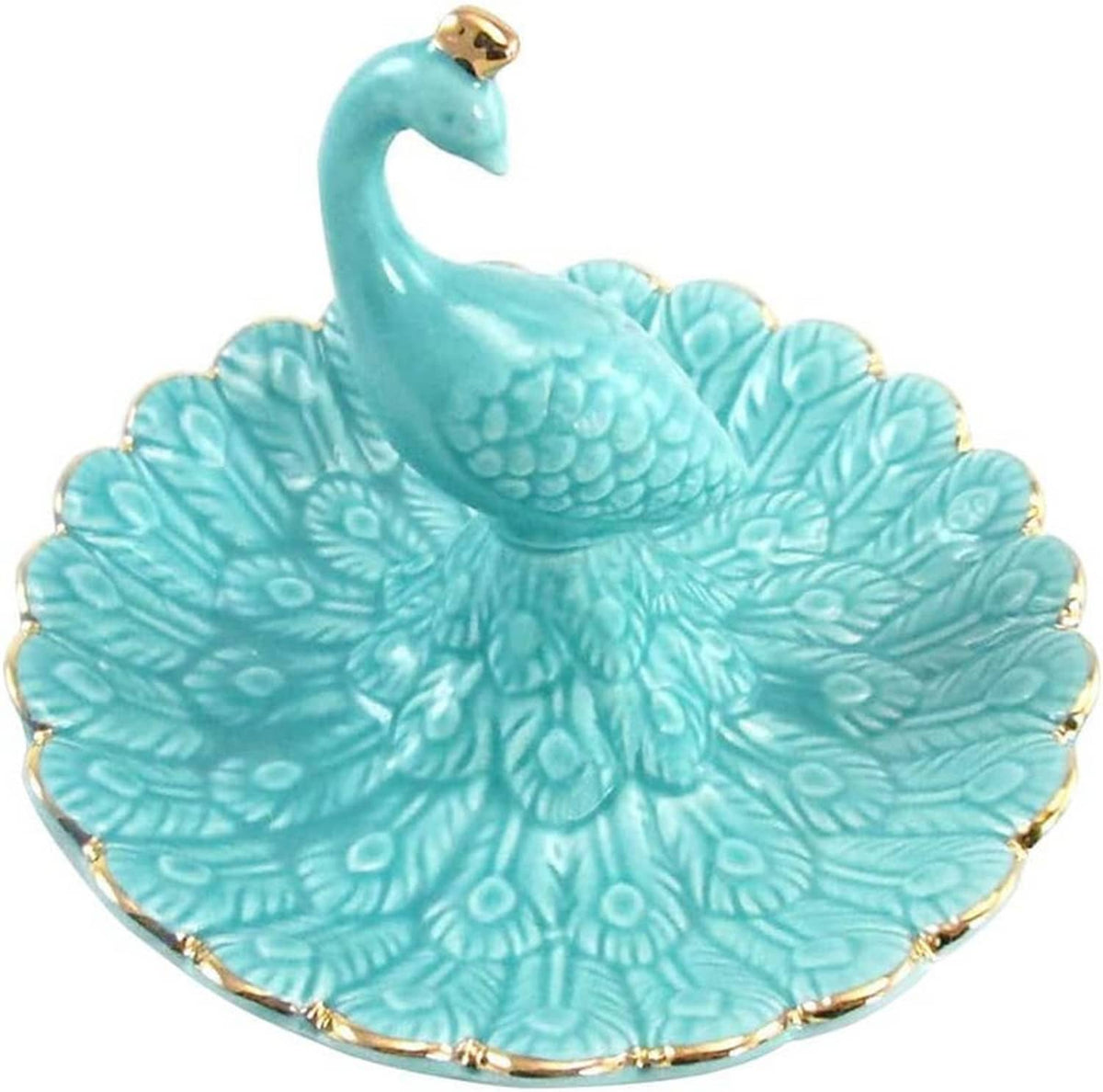 Turquoise ceramic peacock jewelry tray, close view of textured feathers and gold border