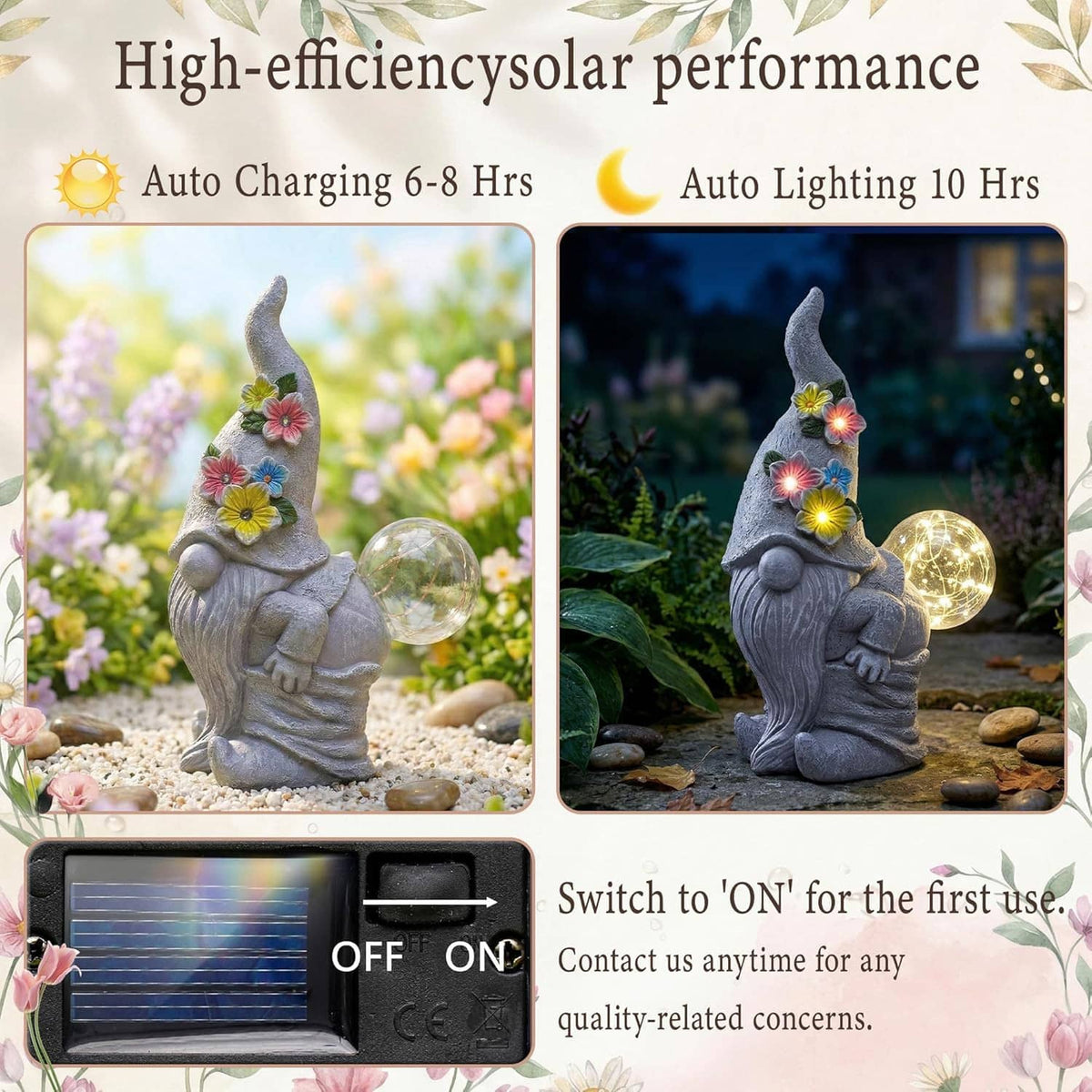 Gray solar gnome statue with flower LEDs and glowing bubble light, outdoor garden style