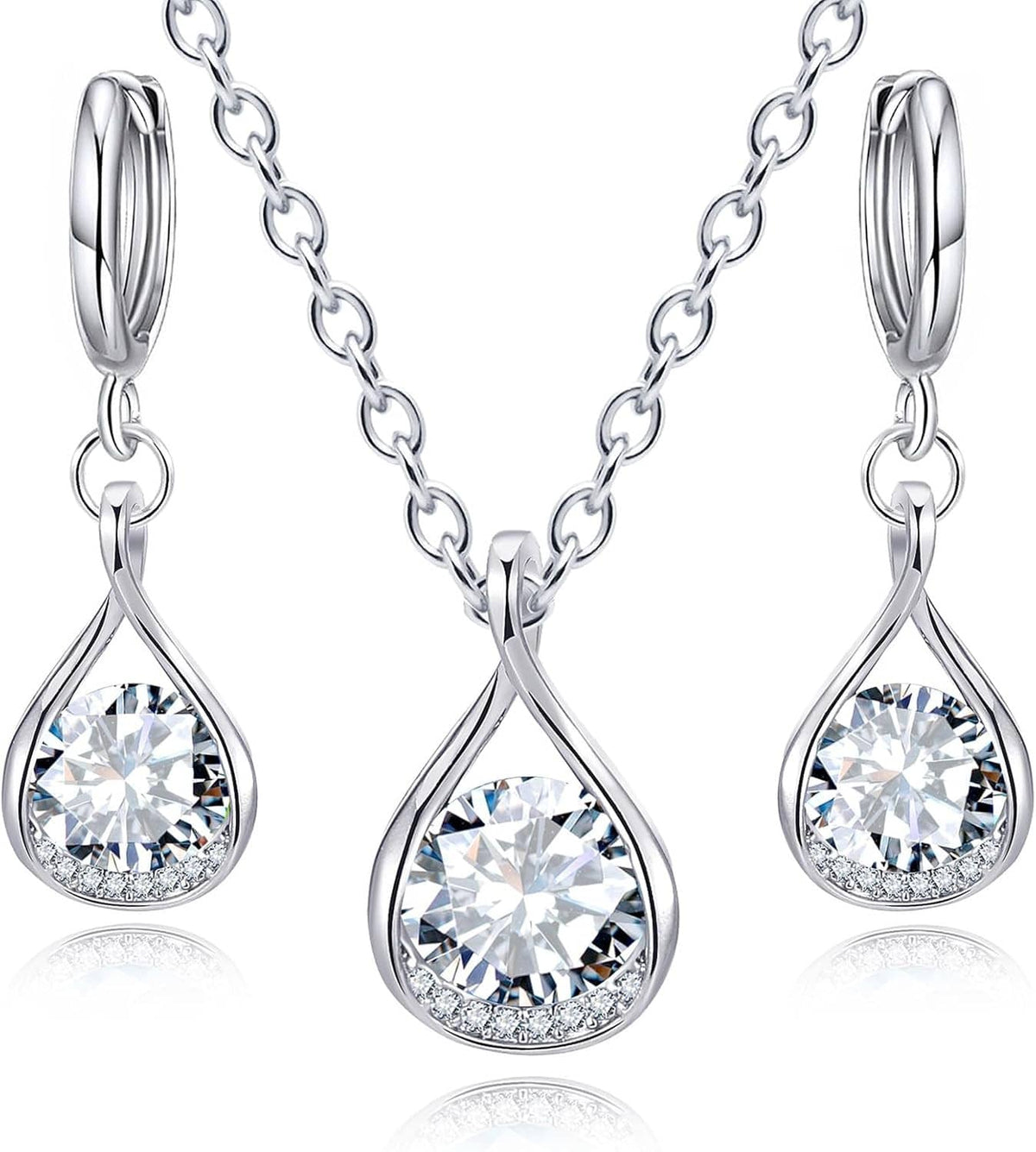 Silver teardrop crystal choker necklace with matching rhinestone drop earrings