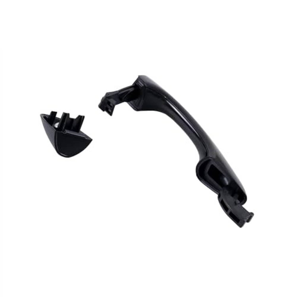 Black exterior door handle with two mounting clips and trim cover