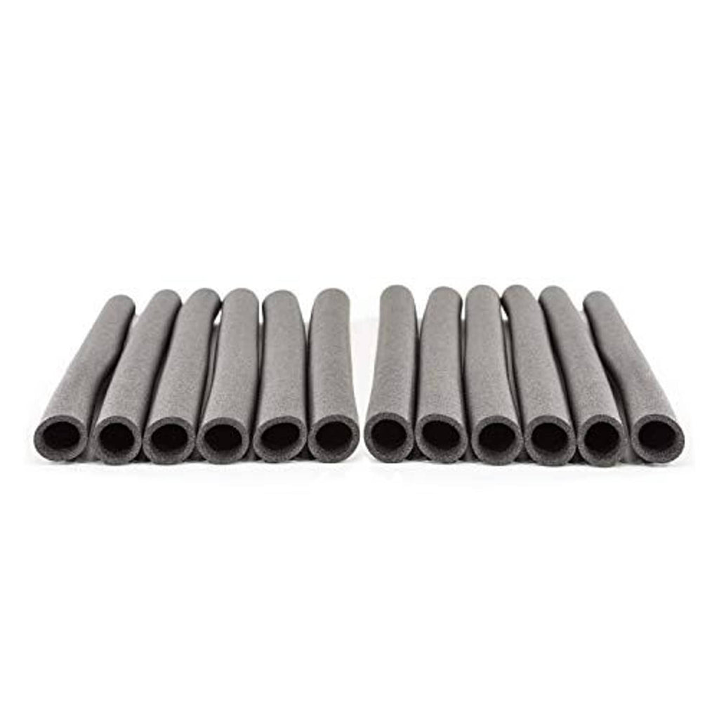 Grey foam enclosure tubes, set of 12, arranged row of hollow cylinder sleeves