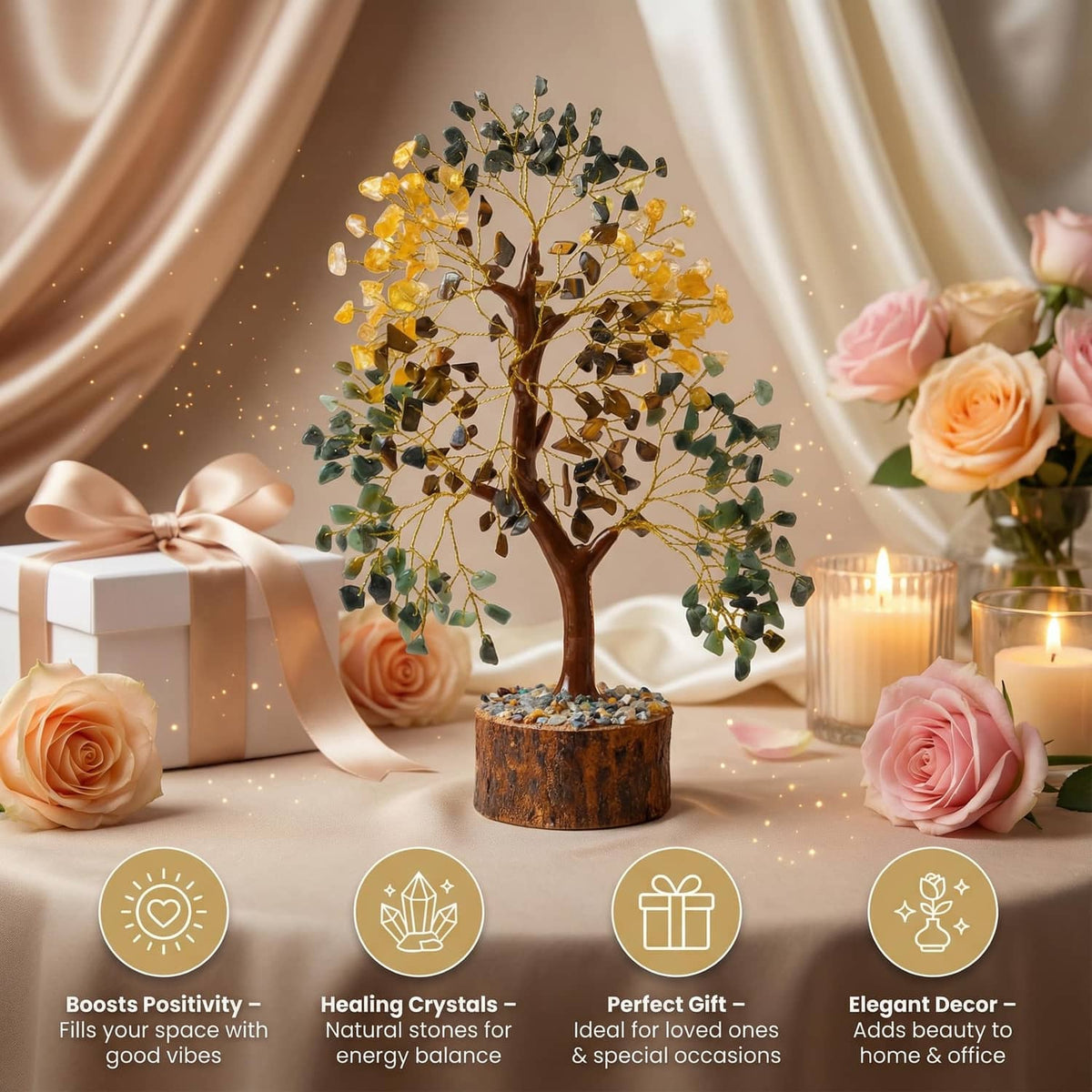 Wire crystal tree with amber and green leaf stones, wooden base