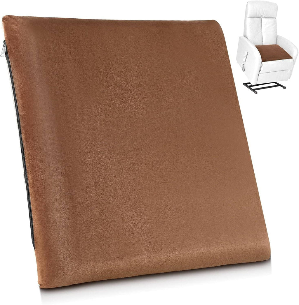 Brown square seat cushion with smooth fabric cover and dark edge trim