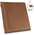 Brown square seat cushion with smooth fabric cover and dark edge trim