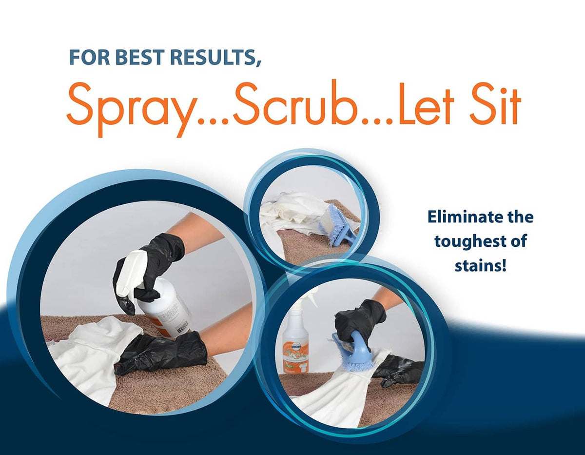 Pit Stop spray bottle with scrubbing action on fabric shown in circular steps