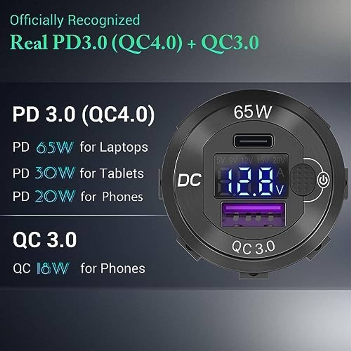 Round 65W car USB charger with USB port, purple charging display, and power button