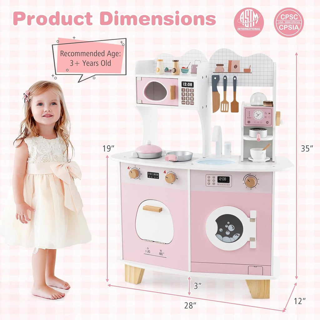 Pink and white wooden play kitchen set with coffee maker, sink, and stove, shown with child