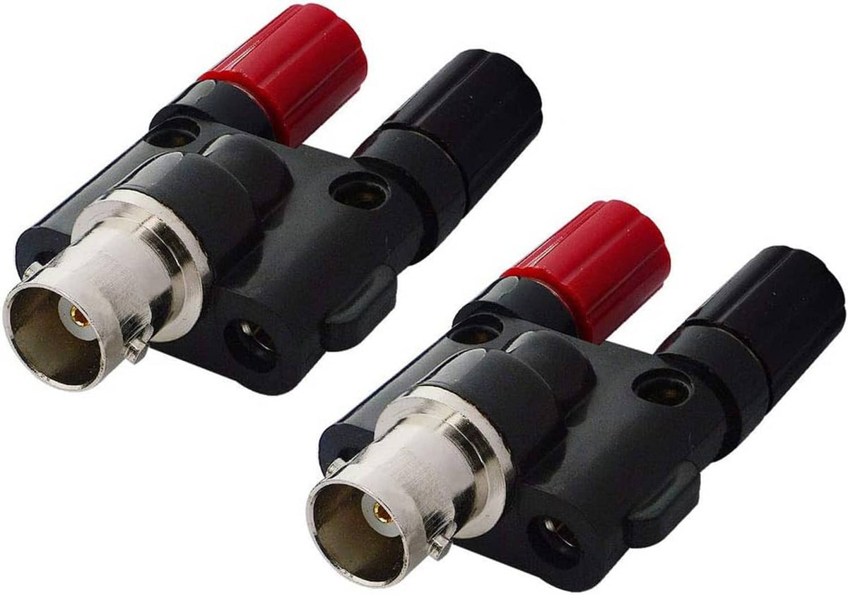 BNC female coax splitter adapter, two black posts with red caps