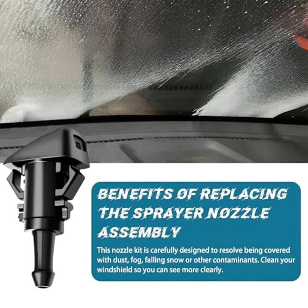 Black windshield washer nozzle spraying a wide fan pattern across glass