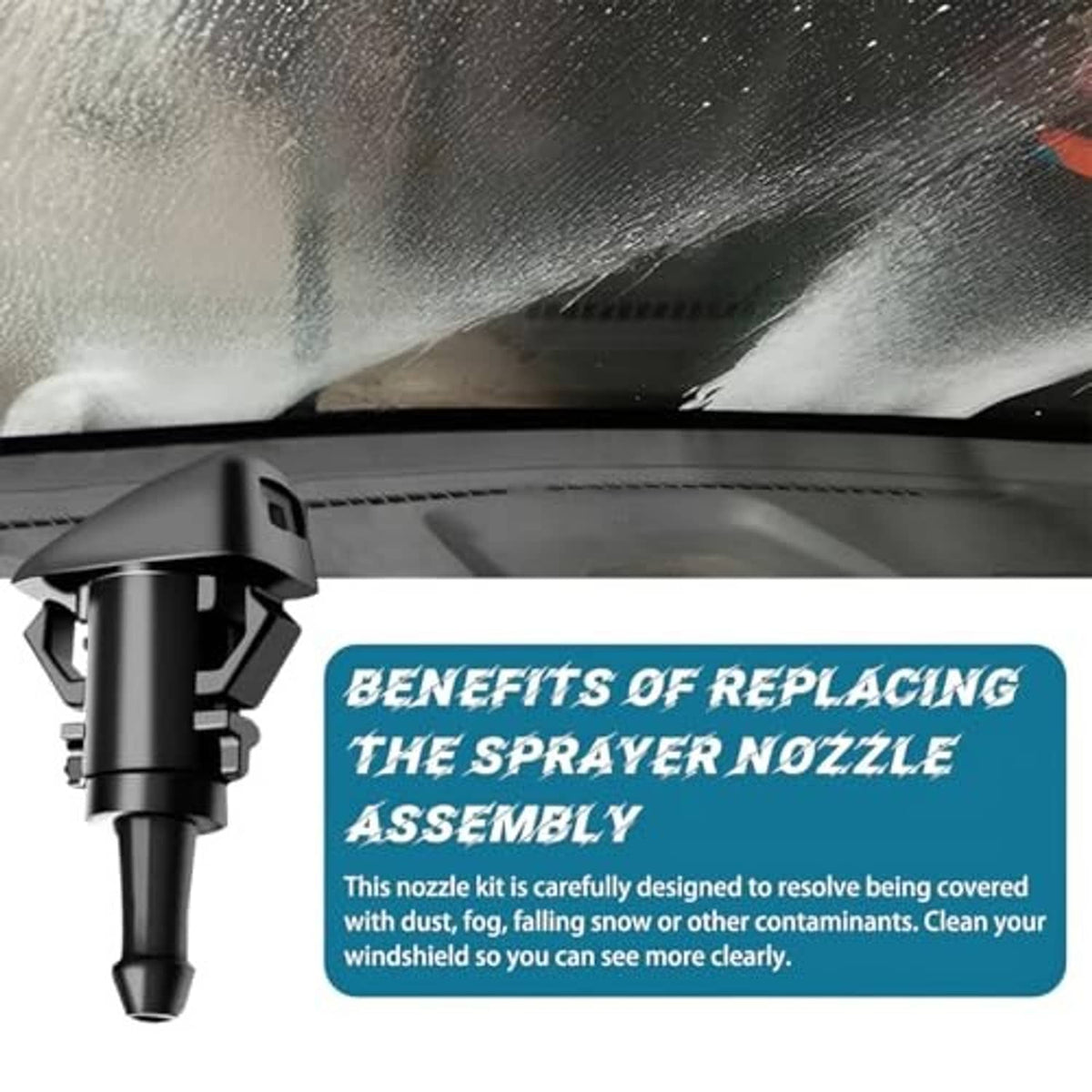 Black windshield washer nozzle spraying a wide fan pattern across glass