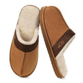 Chestnut suede slip-on slippers with white faux-fur lining and dark heel trim