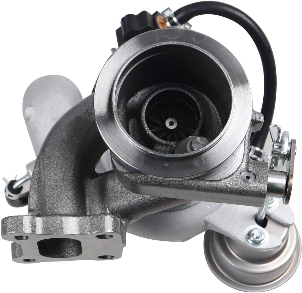 Turbocharger inlet side view with circular compressor wheel and silver turbine housing