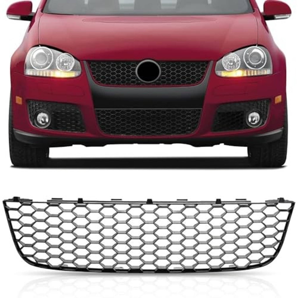 Black honeycomb mesh front lower grille, full-width bumper insert with circular openings